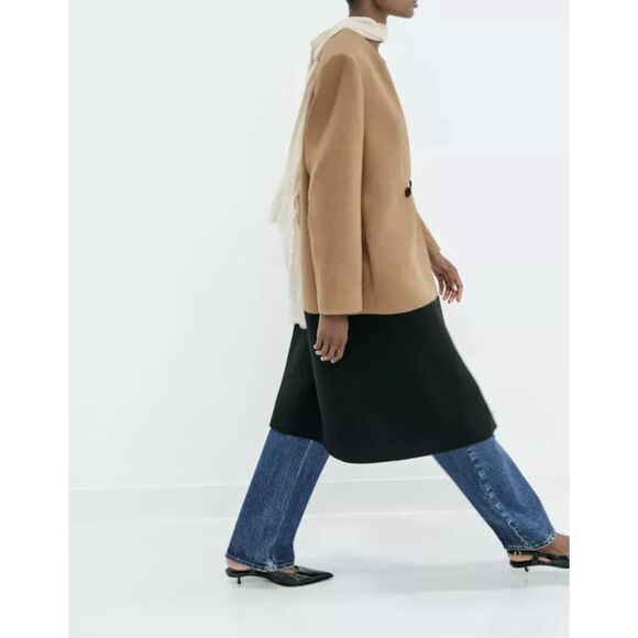 Camel Brown Black Zara Wool-Blend Double Breasted V-Neck Long Sleeve Coat (NWT) - Picture 7 of 11